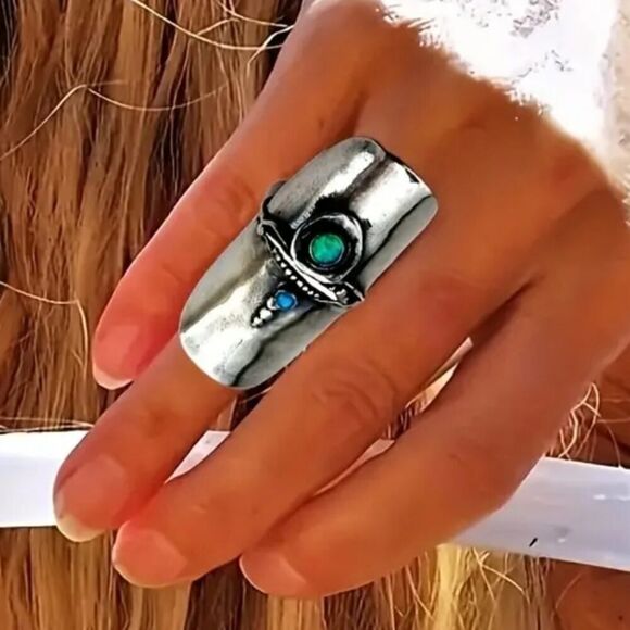Silver Statement Ring for Women Retro Boho Design with Gemstone Adjustable - Picture 4 of 11